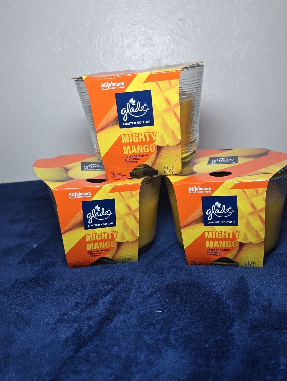 3 New Glade 3 Wick Candles Mighty Mango Fragrance Infused 6.8 Oz Limited Edition